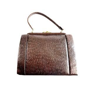 Womens Ostrich Leather Vintage Handbag Brown 12" x 10" x 3"